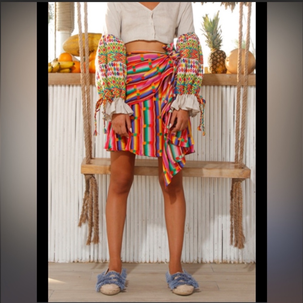 All things Mochi multicolored mini wrap skirt